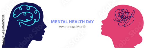 Mental Health Awareness Month banner. People silhouette head isolated. World Mental Health day, concept design with abstract human head profile