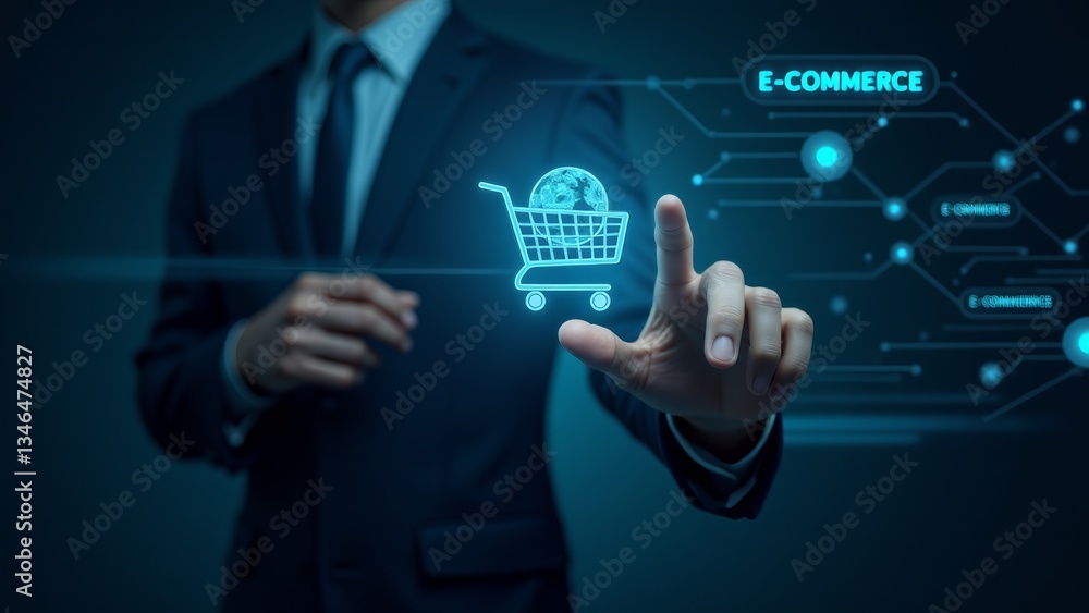 Man Touching E-Commerce Shopping Cart Hologram Man Touching E-Commerce Shopping Cart Hologram