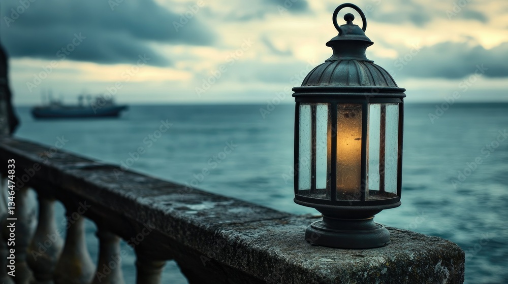 Obraz premium Aged lantern resting on a balustrade, with the salty sea breeze and distant ships in the background.