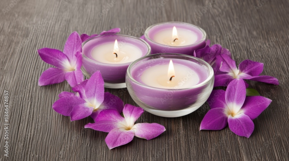 Three purple candles with delicate flames are surrounded by vibrant purple orchid petals on a rustic wooden surface, creating a serene and calming atmosphere. Three purple candles with delicate flames are surrounded by vibrant purple orchid petals on a rustic wooden surface, creating a serene and calming atmosphere.