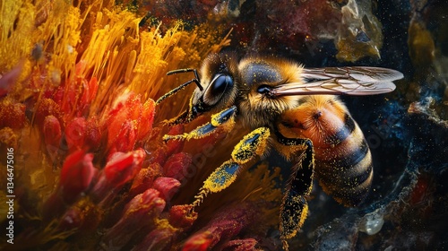 A busy honey bee collects pollen from a vibrant red flower