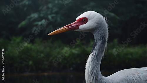 White Naped Crane Profile with Red Markings Near River Bank