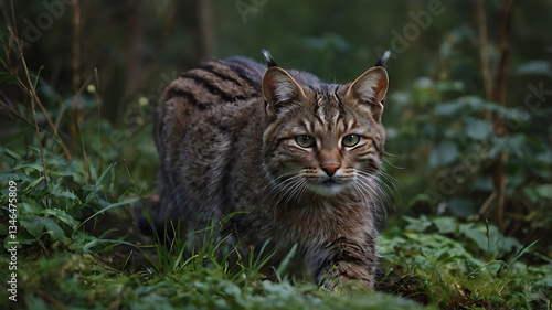 Wildcat Walking in Forest on Grass with Piercing Gaze Forward