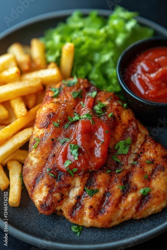 Close-up of crispy golden-brown chicken schnitzel sliced into strips, served with golden French fries and a side of ketchup in a rustic tray, garnished with fresh herbs