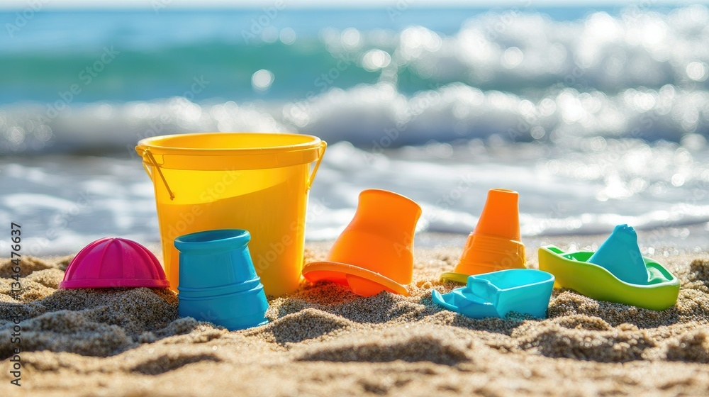A cheerful set of beach toys for kids, featuring a bucket, shovel, and molds, placed on the sandy shore with the waves in the background. A cheerful set of beach toys for kids, featuring a bucket, shovel, and molds, placed on the sandy shore with the waves in the background.