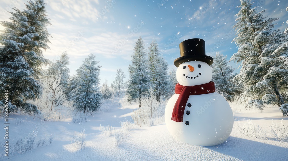 Obraz premium Festive snowman in snowy winter forest; holiday card