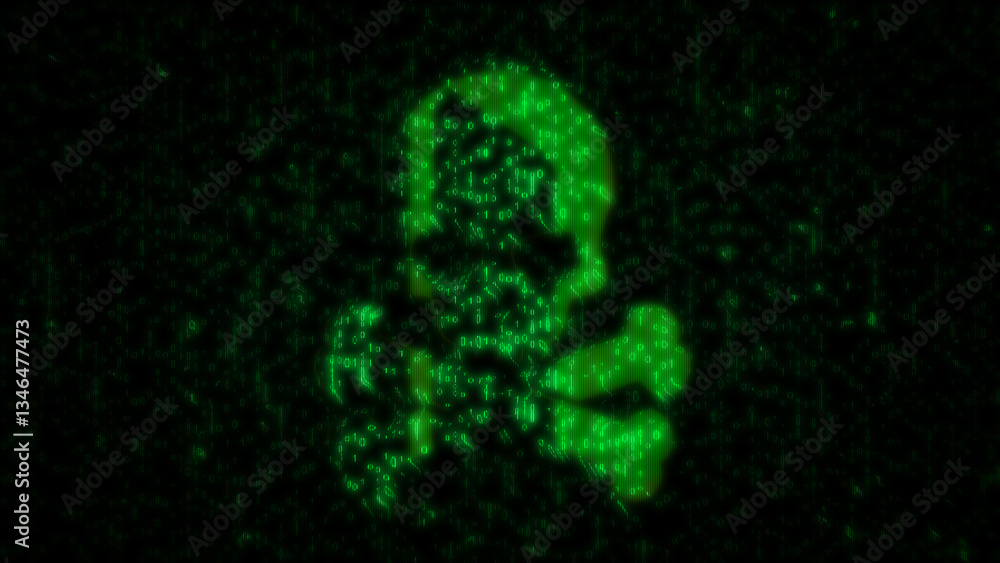 Skull pirates and cyberattack symbol matrix style 3d illustration