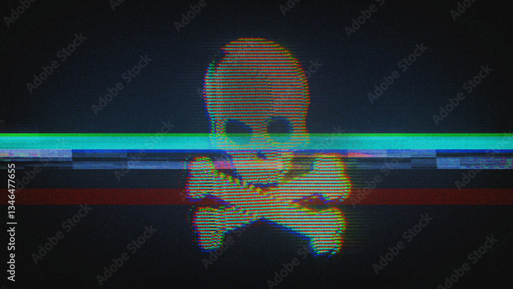 Skull pirates and cyberattack symbol glitch and noise 3d illustration