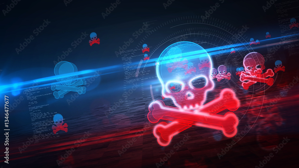 Skull pirates and cyberattack symbol 3d illustration