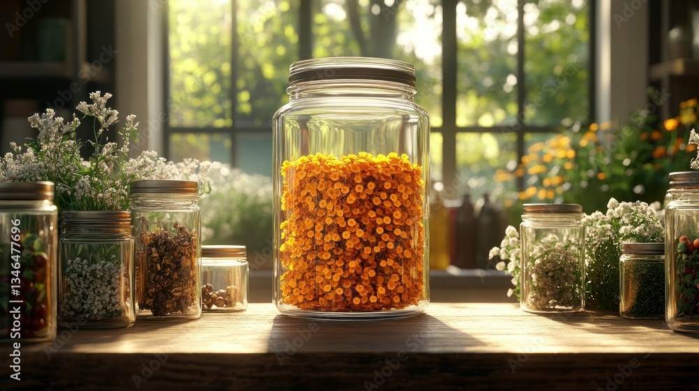 Sunlit kitchen, dried flowers in glass jars Sunlit kitchen, dried flowers in glass jars