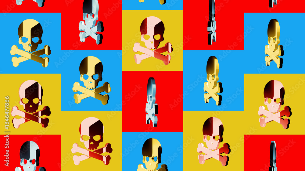 Skull pirates and cyberattack multiply symbol pattern 3d illustration