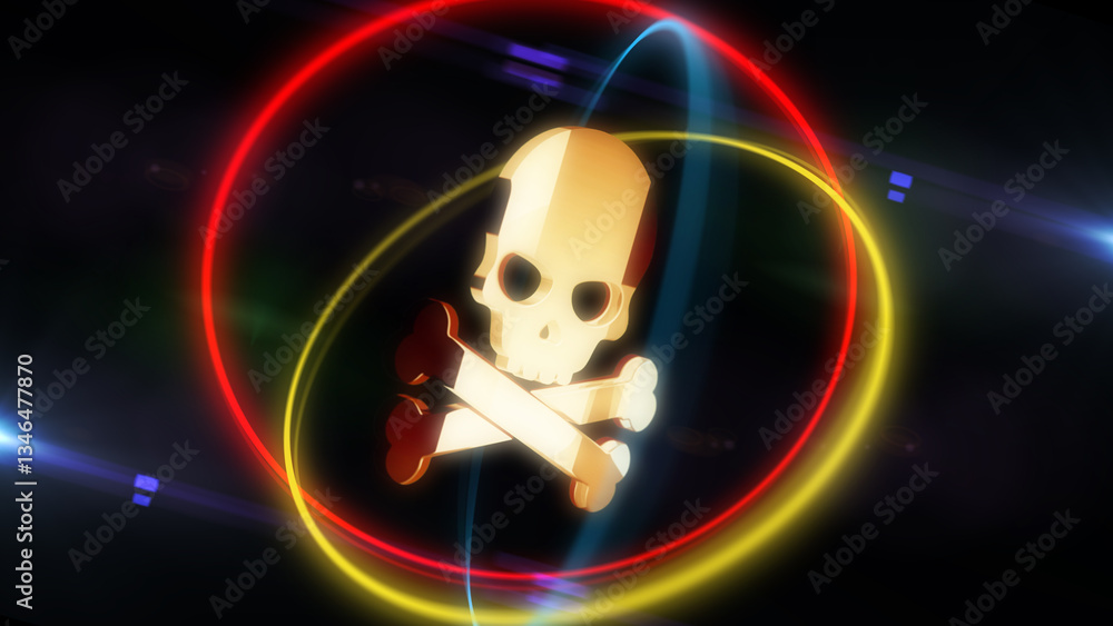 Skull pirates and cyberattack golden symbol 3d illustration