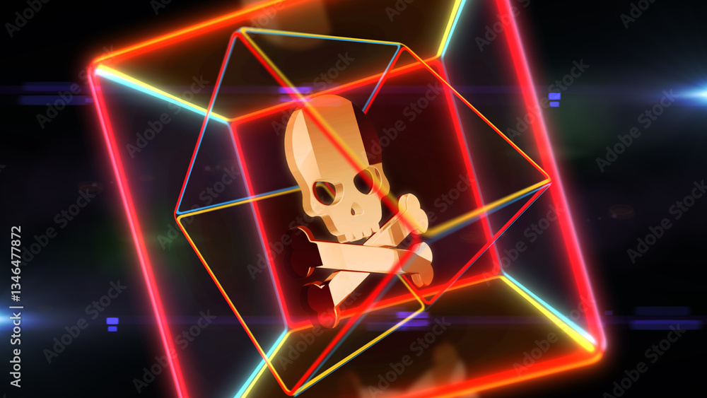 Skull pirates and cyberattack golden symbol 3d illustration