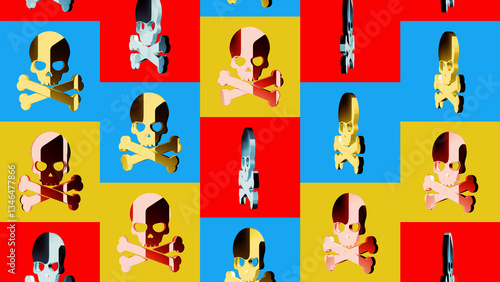 Obraz na płótnie Skull pirates and cyberattack multiply symbol pattern 3d illustration w salonie