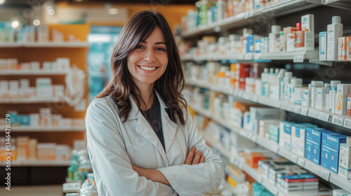 Donna giovane con capelli castani, sorridente, in camice da medico con le braccia incrociate in farmacia