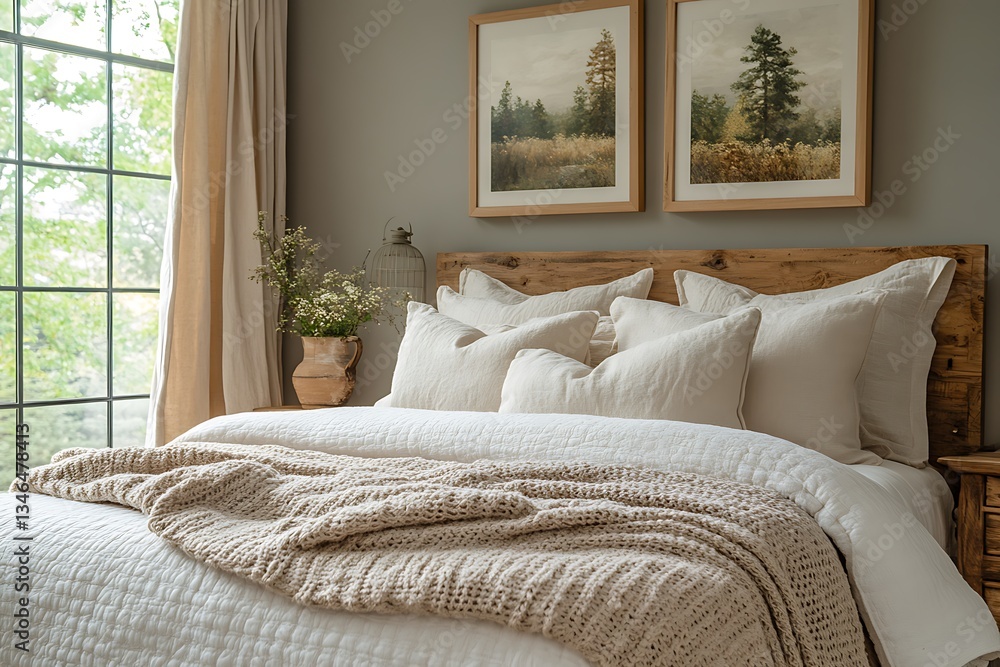 Fototapeta premium A comfy bedroom featuring grey walls, cream bedding, and charm.