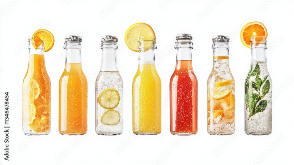 A collection of bottles filled with different refreshing drinks like orange juice, lemonade, and iced coffee, isolated on white. A collection of bottles filled with different refreshing drinks like orange juice, lemonade, and iced coffee, isolated on white.