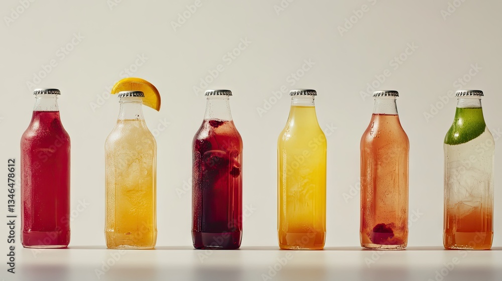 A collection of bottles with bright, tasty drinks like berry juices, iced coffee, and sodas, standing isolated on a clean white surface. A collection of bottles with bright, tasty drinks like berry juices, iced coffee, and sodas, standing isolated on a clean white surface.