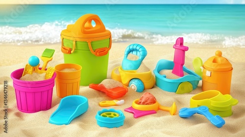 Wallpaper Mural A colorful set of beach toys for children, including buckets, shovels, and sand molds, arranged on a sandy beach background. Torontodigital.ca