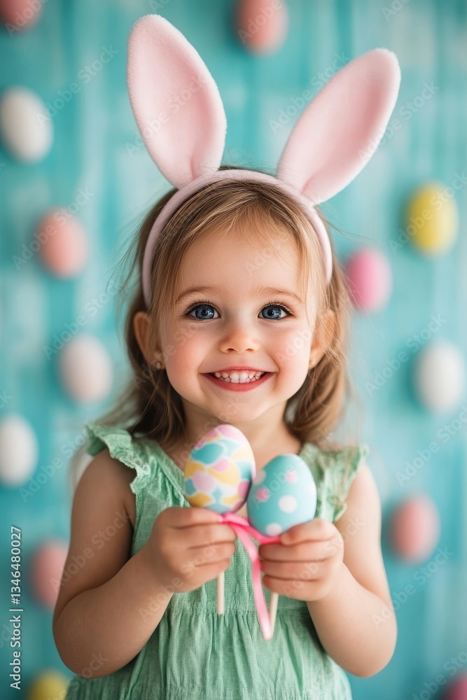Smiling child with bunny ears holding colorful Easter eggs against a festive backdrop. Smiling child with bunny ears holding colorful Easter eggs against a festive backdrop.