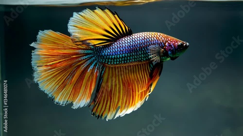 Vibrant fish with colorful fins swimming gracefully in clear aquarium filled with life