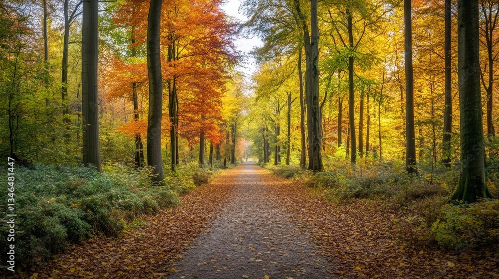 Obraz premium A wide shot of a wooded area in fall, with trees displaying a mix of green, yellow, orange, and red leaves, creating a stunning autumn landscape