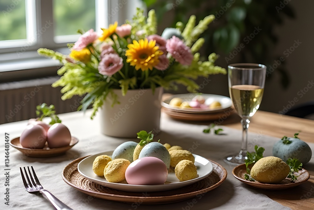 Festive Easter Brunch with Colorful Eggs and Pastries Festive Easter Brunch with Colorful Eggs and Pastries
