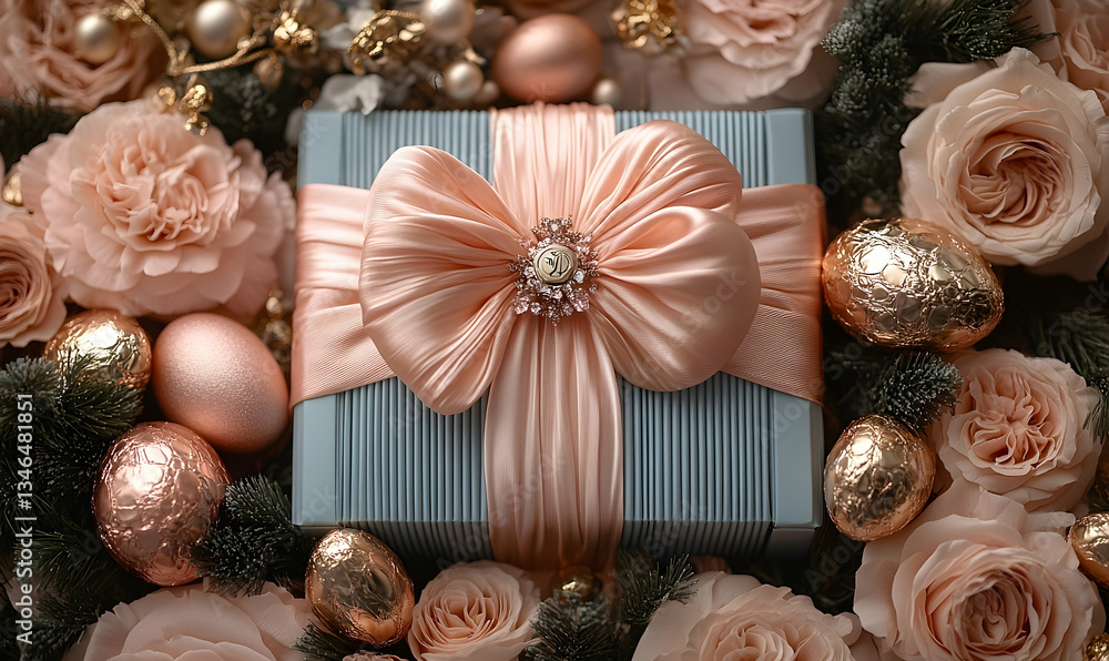 Elegant gift box adorned with a satin bow, surrounded by pink roses and decorative Easter eggs Elegant gift box adorned with a satin bow, surrounded by pink roses and decorative Easter eggs