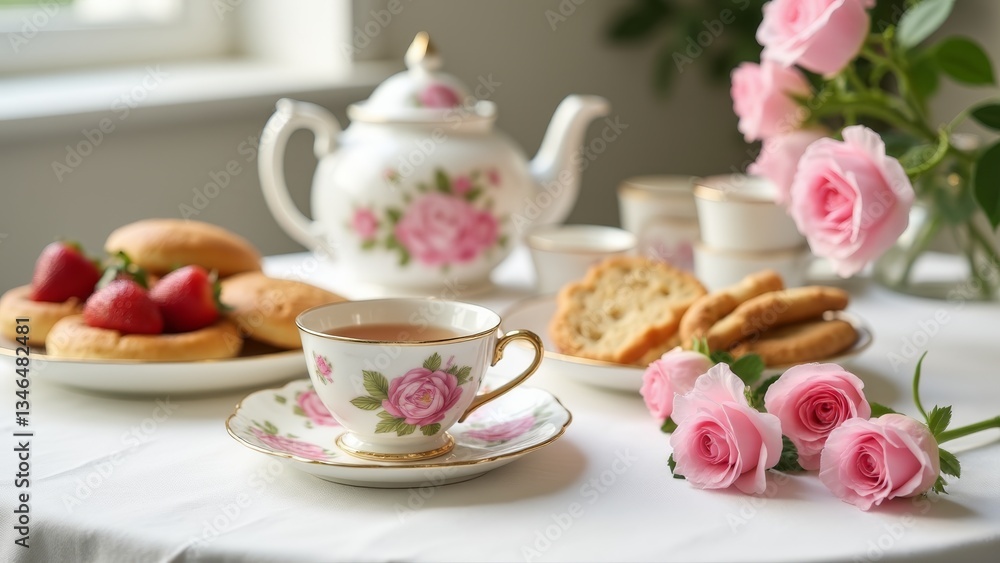 Afternoon Tea Setting With Pink Roses Afternoon Tea Setting With Pink Roses