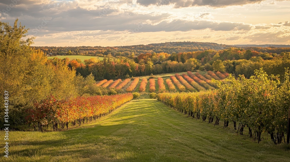Naklejka premium A wide-angle view of an orchard during fall, with fruit trees surrounded by leaves transitioning to shades of red and yellow under a bright sky.