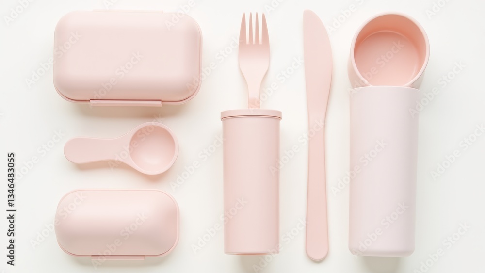 Obraz premium Pink Reusable Lunch Set Flat Lay