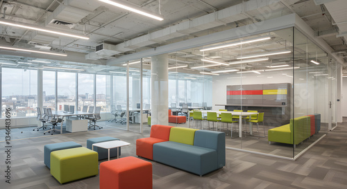 A spacious office with glass partitions and a vibrant breakout area