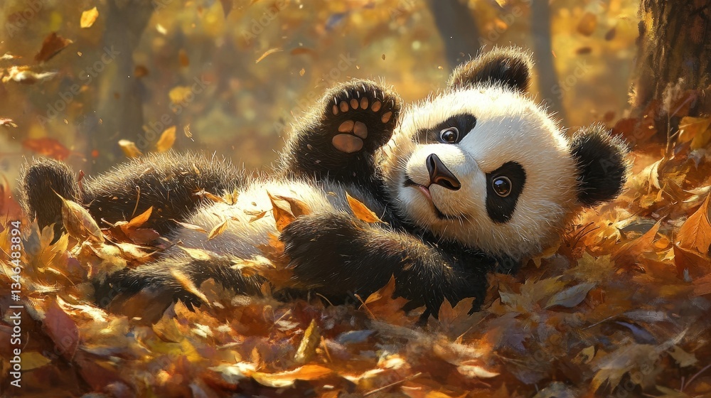 A young panda cub rolling around in a pile of leaves, full of energy and playfulness, while its mother keeps a watchful eye nearby A young panda cub rolling around in a pile of leaves, full of energy and playfulness, while its mother keeps a watchful eye nearby