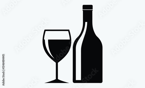 Wine bottle with glass icon, drinkware silhouette vector illustration