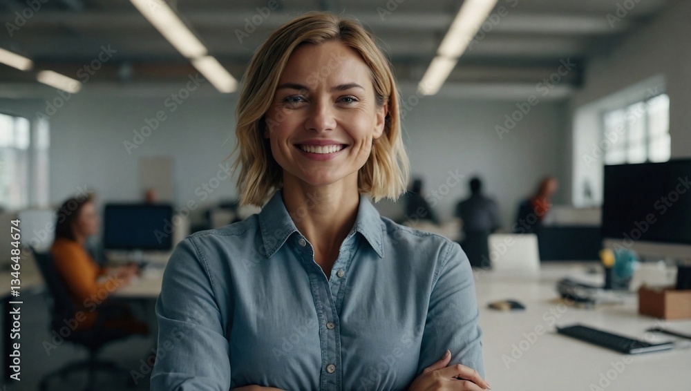 Confident woman smiling with arms crossed in a bright office Confident woman smiling with arms crossed in a bright office