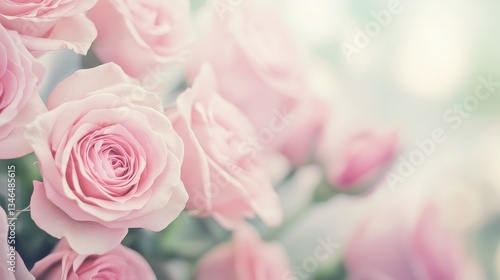 Beautiful pastel pink roses in the background, with a soft focus and blurred effect, creating a suitable design for a wedding card or invitation. 
