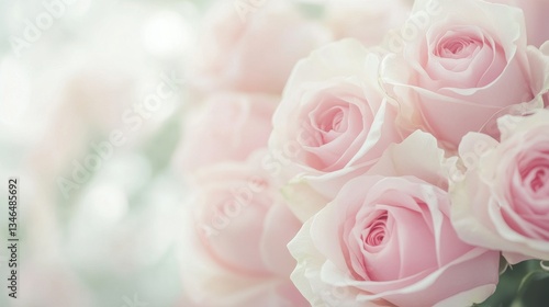 Beautiful pastel pink roses in the background, with a soft focus and blurred effect, creating a suitable design for a wedding card or invitation. 