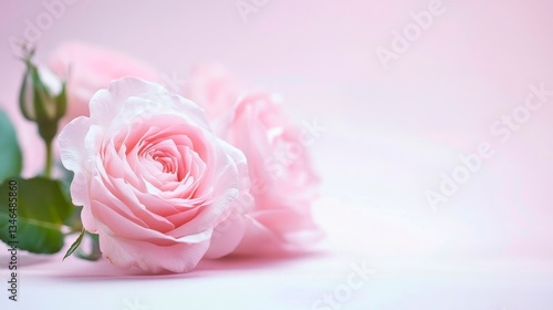 Beautiful pastel pink roses in the background, with a soft focus and blurred effect, creating a suitable design for a wedding card or invitation. 