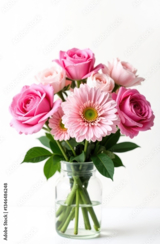 Pink roses and gerbera daisies creating stunning floral arrangement in glass vase Pink roses and gerbera daisies creating stunning floral arrangement in glass vase