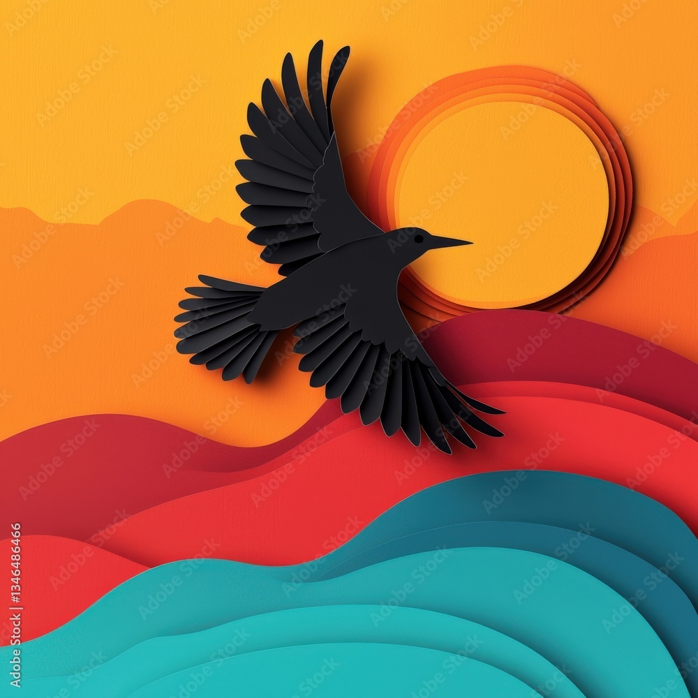 Naklejka premium A stylized cutout paper art of a wild bird soaring against a twilight sky.