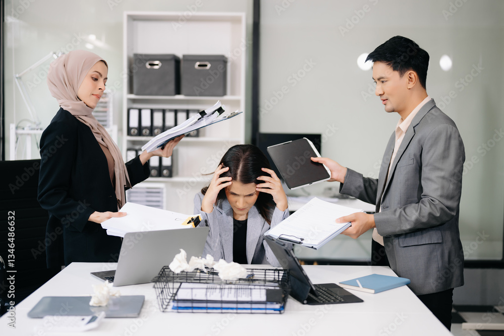 Stressed Asian Businesswoman Surrounded by Overwhelming Paperwork Concept of Workplace Anxiety and Overwork