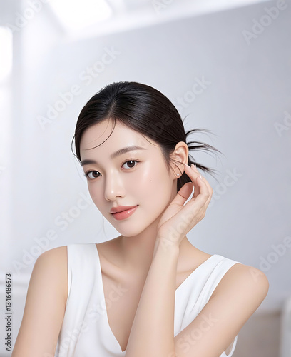 Pretty girl portrait, beauty salon poster model with fair skin and natural makeup