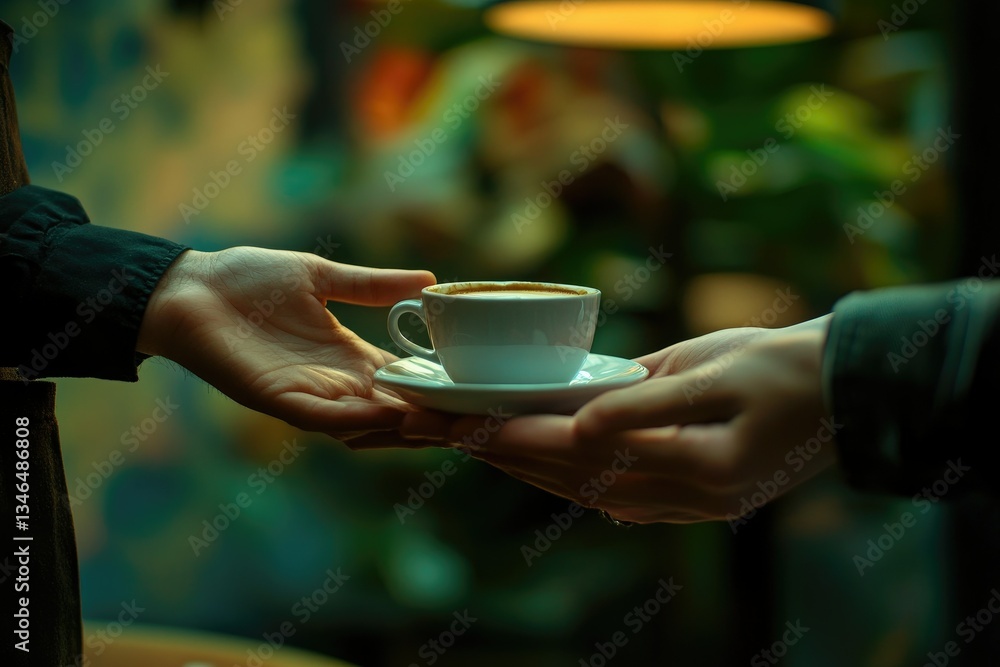 Cafe barista hands customer espresso, indoor, bokeh Cafe barista hands customer espresso, indoor, bokeh