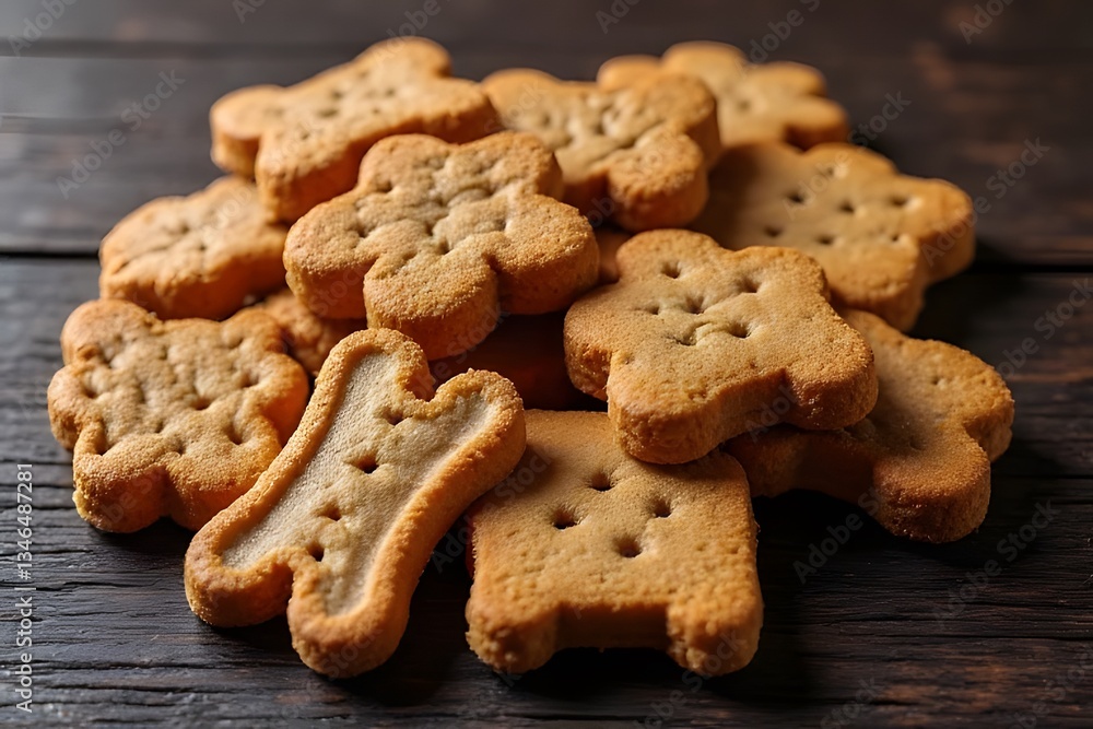 Pile of Homemade Dog Biscuits in Various Shapes on Wooden Surface Pile of Homemade Dog Biscuits in Various Shapes on Wooden Surface