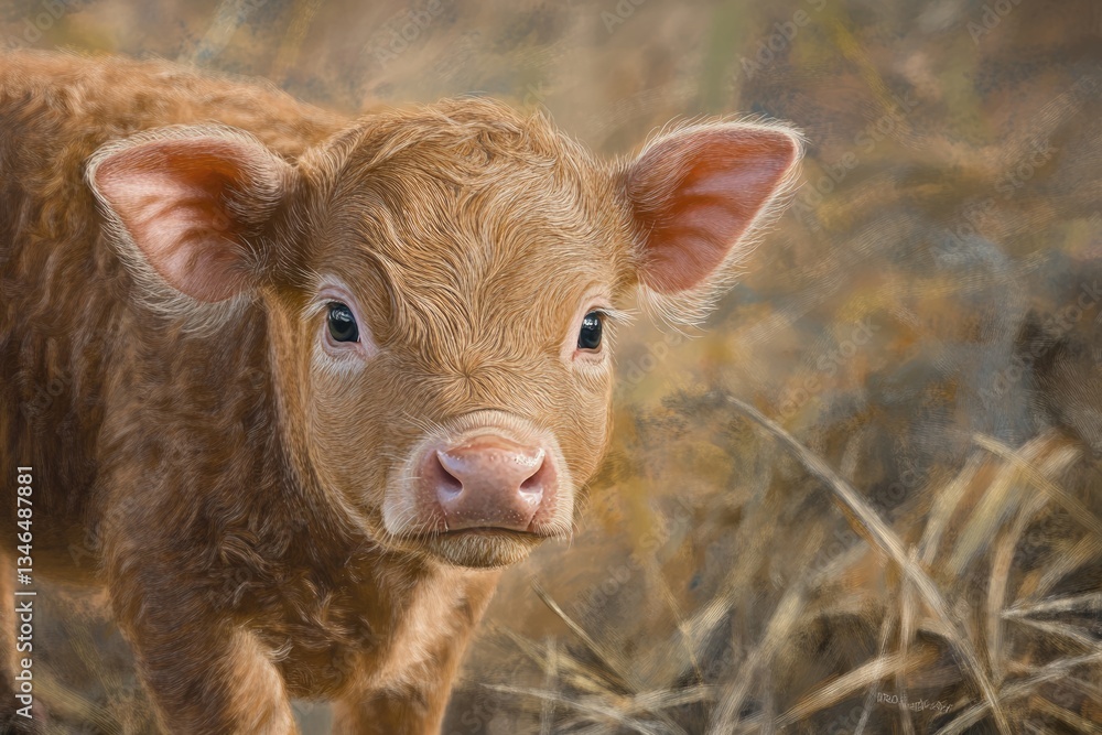 Duroc Baby Piglet on Farm. Brown Calf in Grass Field with Farm Animals