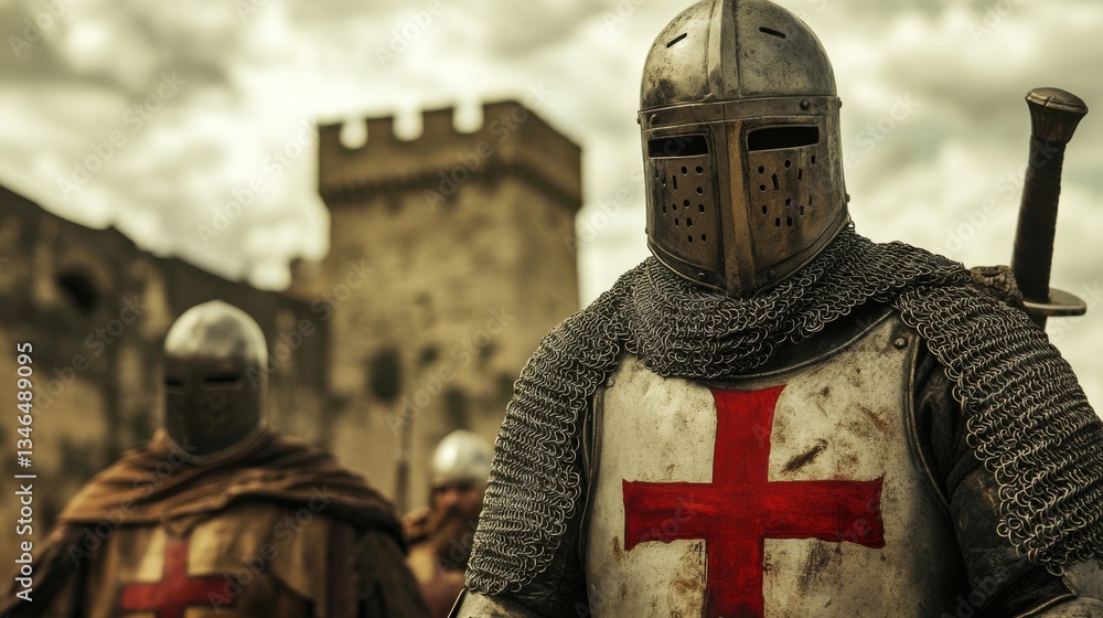 Medieval Knights in Armor Standing Before Ancient Stone Fortress Medieval Knights in Armor Standing Before Ancient Stone Fortress