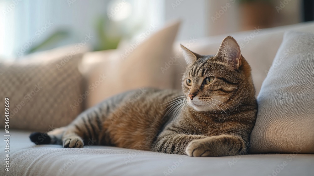 Relaxed tabby cat lounging on a comfortable sofa in sunlit room Relaxed tabby cat lounging on a comfortable sofa in sunlit room