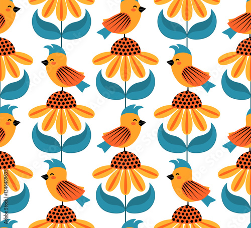 scandi folk art style modern cute yellow and teal coneflower blooms and birds  seamless pattern, vector illustration springtime scandinavian repeat design