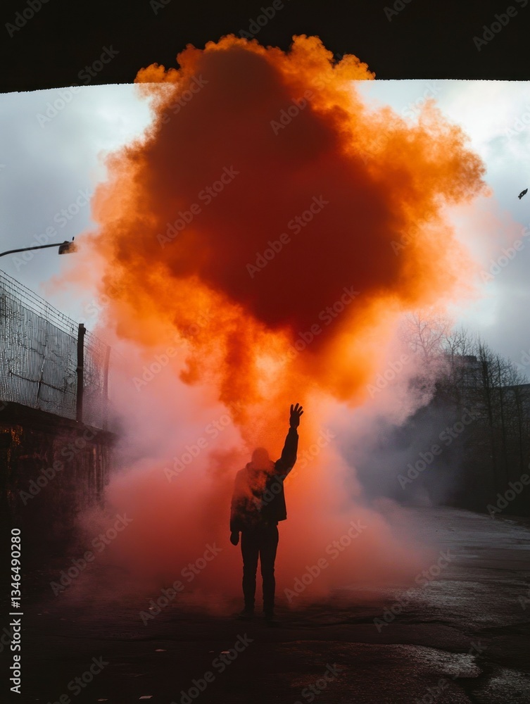 Obraz premium Person with Orange Smoke Bomb Raising Hand in Urban Setting