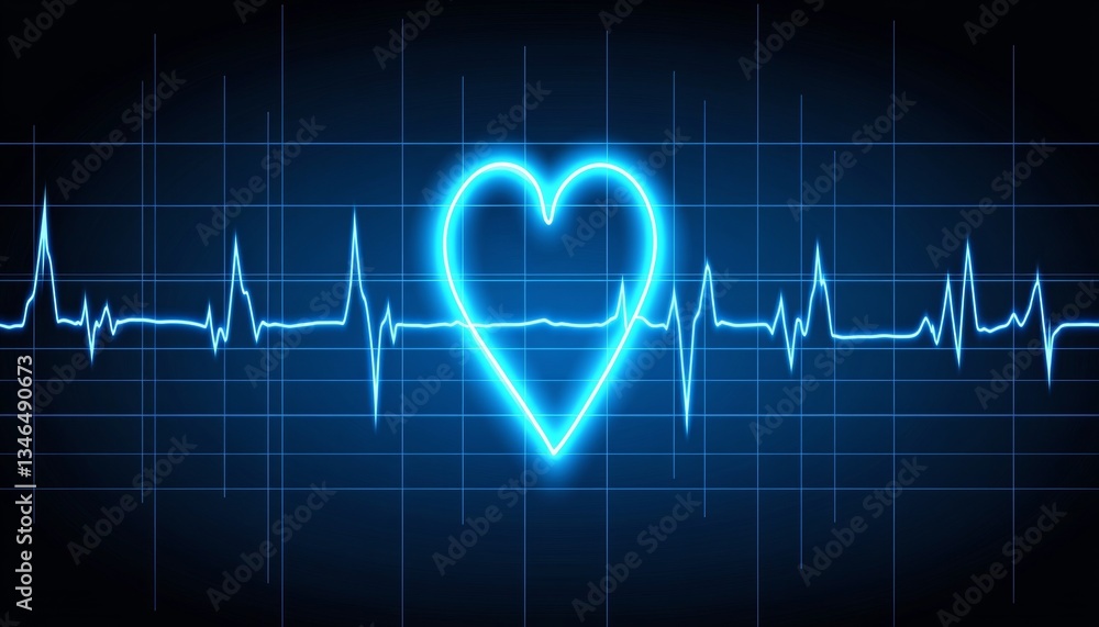 Naklejka premium Electrocardiogram, EKG, Or Heartbeat Line With Blue Glowing Heart Shape On Healthcare Background.